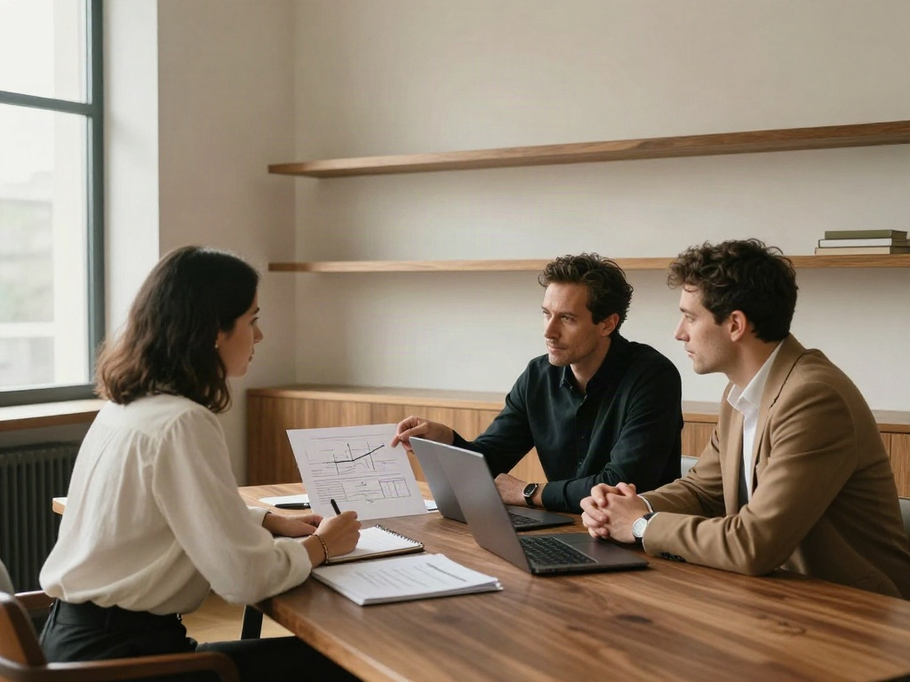 Advisors working together to review business charts and analytical insights