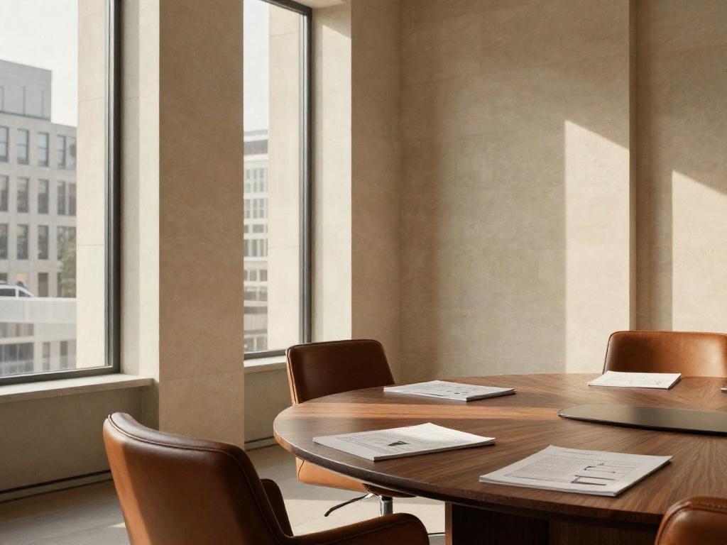 Sunlit executive boardroom with a walnut conference table and views across the city